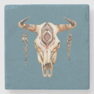 Posavasos De Piedra Cráneo de los Cuernos de Toros de los Nativos Azul