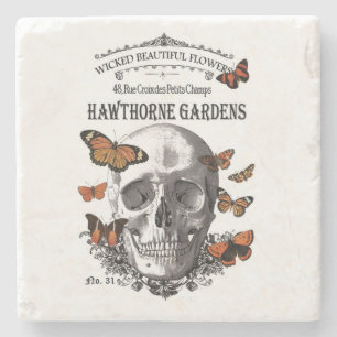 Posavasos De Piedra cráneo vintage moderno de Halloween y mariposas