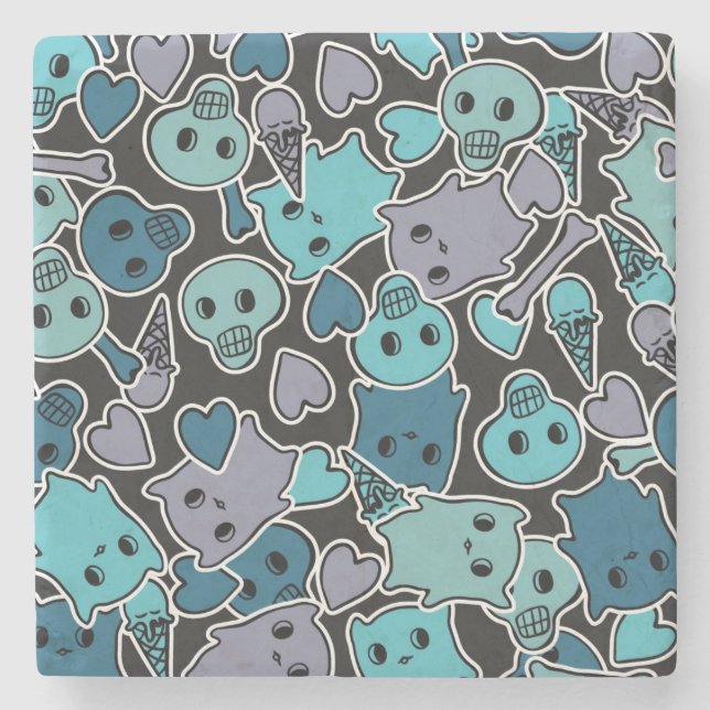 Posavasos De Piedra Cráneos, y corazones en el fondo negro 2 (Anverso)