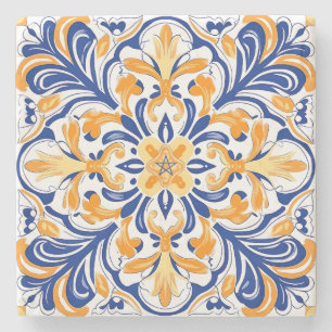 Posavasos De Piedra Crea Tu Propia Floral Ornamental Azul Amarillo