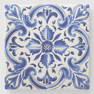 Posavasos De Piedra Crea Tu Propia Talavera Floral Pintada de Azul