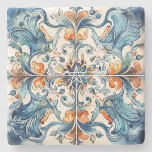 Posavasos De Piedra Crea Tu Propia Talavera Pintada de Naranja Azul