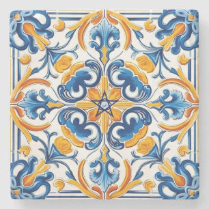 Posavasos De Piedra Crea Tu Propia Talavera Pintada Teal Naranja Falsa