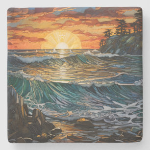 Posavasos De Piedra Crea tu propio paisaje marino de puesta de sol con