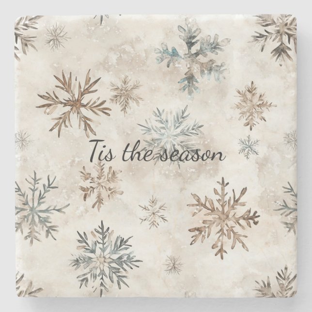 Posavasos De Piedra Cream Blue Brown Snowflakes Christmas (Anverso)