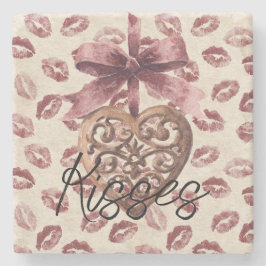 Posavasos De Piedra Cream Burgundy Red Lips Kisses Heart