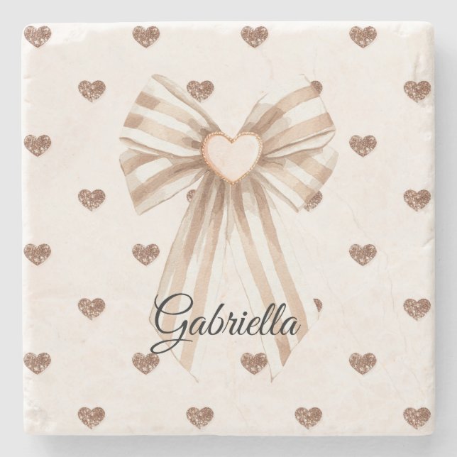 Posavasos De Piedra Cream Cocoa Bow Blush Pink Glitter Hearts (Anverso)