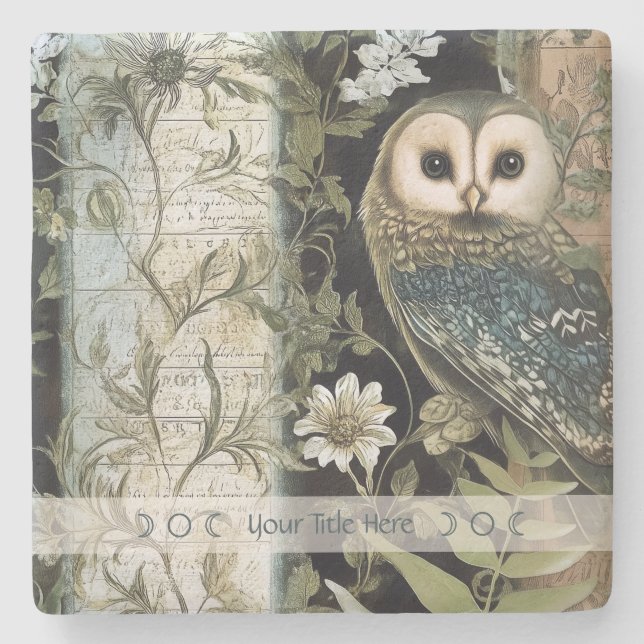 Posavasos De Piedra Create Your Own Blue Owl Floral Botanical (Anverso)