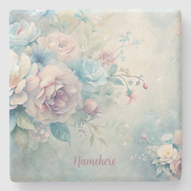Posavasos De Piedra Create Your Own Shabby Chic Blue Pink White Roses (Anverso)