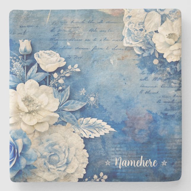 Posavasos De Piedra Create Your Own Shabby Chic White Rose Blue (Anverso)