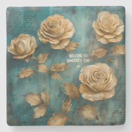 Posavasos De Piedra Create Your Own Teal & Gold Roses Floral