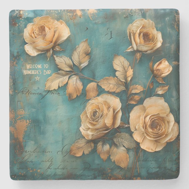 Posavasos De Piedra Create Your Own Teal & Golden Peach Rose Spray (Anverso)