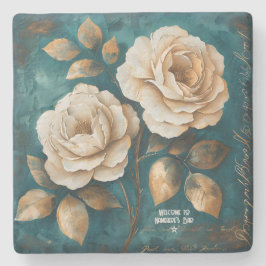 Posavasos De Piedra Create Your Own Teal & Golden Peach Roses Floral