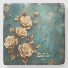 Posavasos De Piedra Create Your Own Teal & Golden Peach Roses Floral