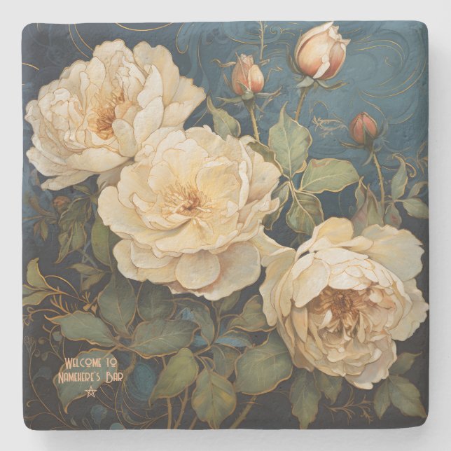 Posavasos De Piedra Create Your Own Teal Peach & Yellow Roses Floral (Anverso)