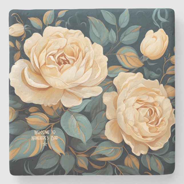 Posavasos De Piedra Create Your Own Teal & Yellow Roses Spray Floral (Anverso)
