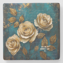 Posavasos De Piedra Create Your Own Turquoise Blue Gold Roses Floral