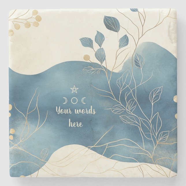 Posavasos De Piedra Create Your Own Wavy Blue Gold Floral Minimilist (Anverso)