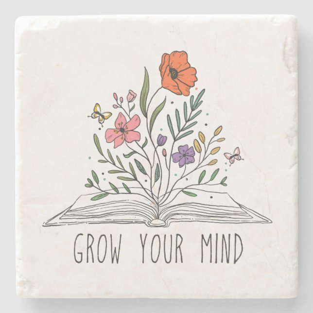 Posavasos De Piedra Crece tu mente Boho Wildflower y libro (Anverso)