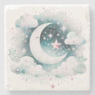 Posavasos De Piedra Creciente Lunar Celeste Azul y Blanco Boho Moderno