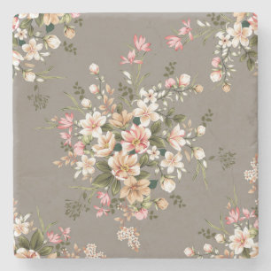 Posavasos De Piedra Crema, flores rosas en gris.