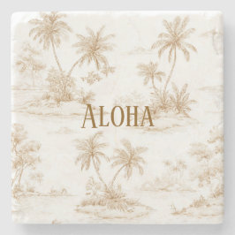 Posavasos De Piedra Crema Marrón Aloha Isla Tropical Palmeras