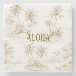 Posavasos De Piedra Crema Marrón Aloha Isla Tropical Palmeras