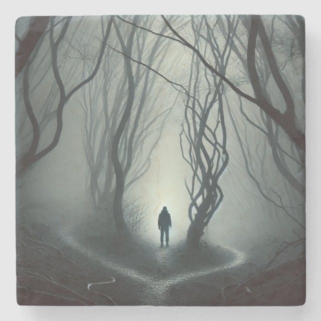 Posavasos De Piedra Crossroads in the Fog - Gloomy Forest Art Print (Anverso)