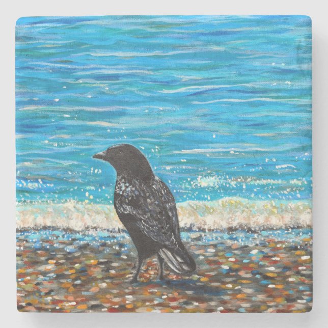 Posavasos De Piedra Crow en la pintura de la playa 3 (Anverso)