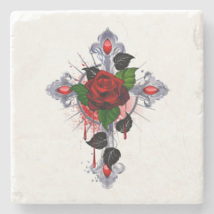 Posavasos De Piedra Cruz de Plata con una Rosa Roja