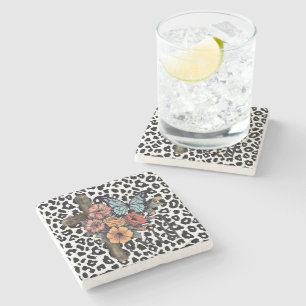 Posavasos De Piedra Cruz del Leopardo de las Nieves, flores y mariposa