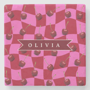 Posavasos De Piedra Cuadro de Cereza Personalizado Retro Nombre Person