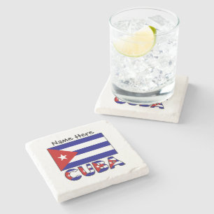 Posavasos De Piedra Cuba y Bandera Cubana Azul Oscuro Personalizado