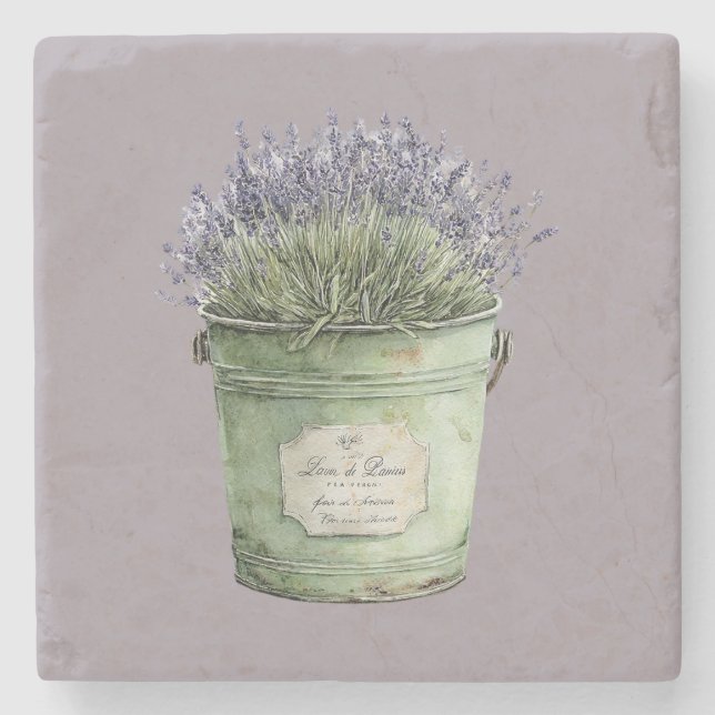 Posavasos De Piedra Cubo Verde Blanco Flores Lavanda (Anverso)