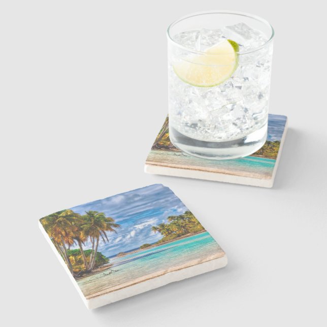 Posavasos De Piedra Cuidada Bonito Verano Hawái Beach acuarela (Lateral)