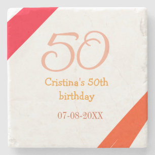 Posavasos De Piedra cumpleaños 50 aniversario naranja rojo agregar nom