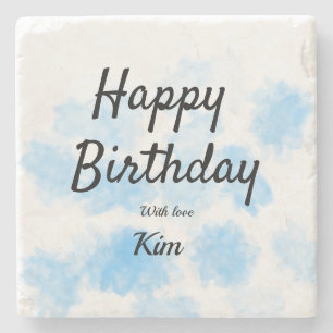 Posavasos De Piedra Cumpleaños simple acuarela azul añade tu nombre pe