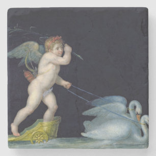 Posavasos De Piedra Cupid que es llevado por un par de los cisnes