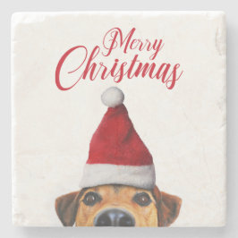 Posavasos De Piedra Curioso perro gracioso con Santa Hat