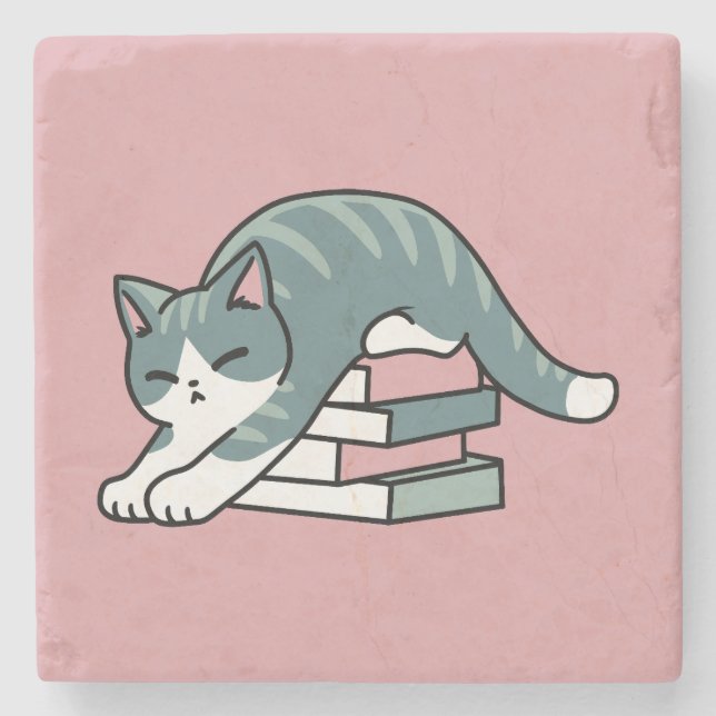 Posavasos De Piedra Curva con un libro y un gato - cómodos lectores de (Anverso)
