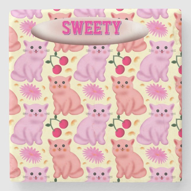 Posavasos De Piedra Custom Cute Cat Cherry Floral Pattern (Anverso)