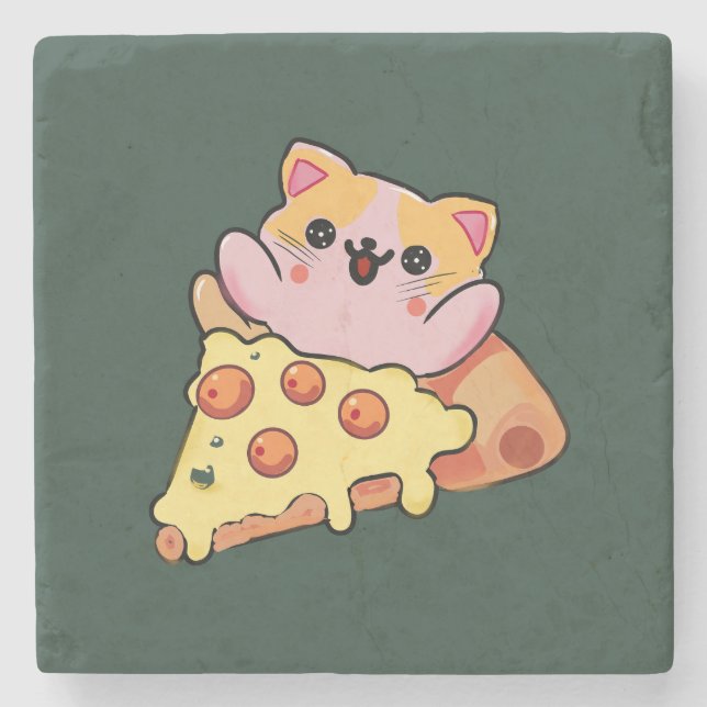 Posavasos De Piedra Custom Kawaii Cat Hugging Pepperoni Pizza Cartoon (Anverso)