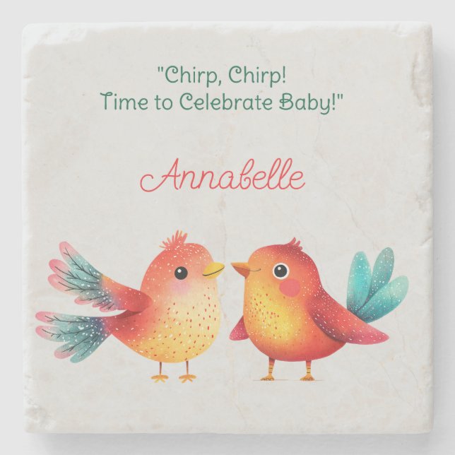 Posavasos De Piedra Cuta acuarela De Baby Shower Con Temas De Aves (Anverso)