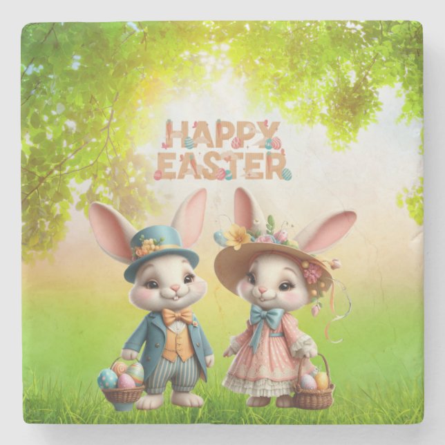 Posavasos De Piedra Cuta, caprichosa Pascua feliz con 2 conejos (Anverso)