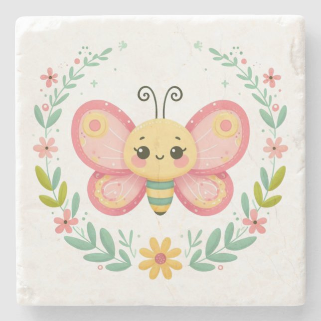 Posavasos De Piedra Cuta, primavera/mariposa (Anverso)