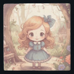 Posavasos De Piedra Cute Alice in Wonderland Whimsical Woodland Art<br><div class="desc">Step into a delightful and imaginative Wonderland with this adorable illustration of Alice! This charming design features a unique cute, stylized Alice character with her iconic blue dress, large bow, and captivating eyes, standing amidst an enchanting woodland scene. Whimsical trees, vibrant flowers, and fluttering butterflies create a magical backdrop, hinting...</div>
