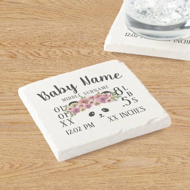 Posavasos De Piedra Cute Baby Birts Stats Floral Panda Stone Coaster (New baby? Here's a cute panda themed birth stats coaster that makes a great gift for grandparents)