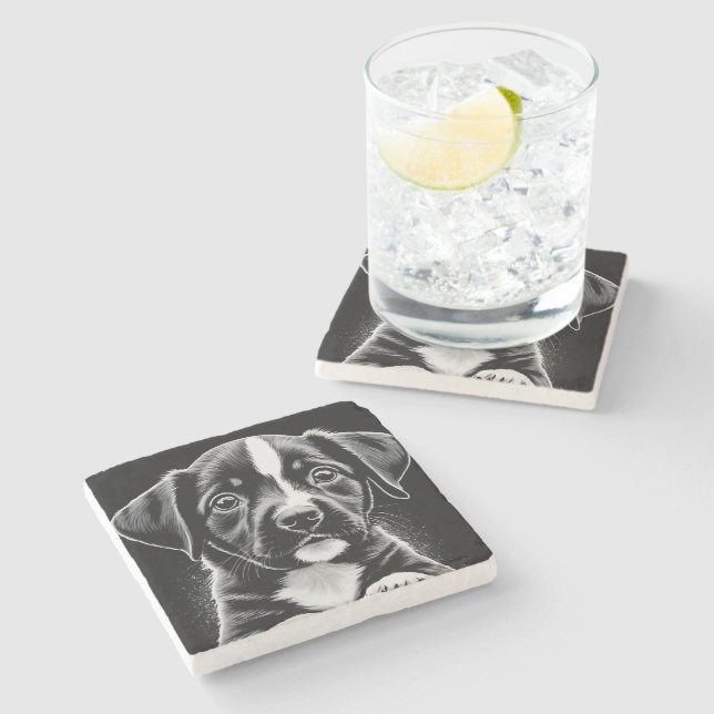 Posavasos De Piedra Cute Black & White Puppy – Dog Lover Coasters (Lateral)