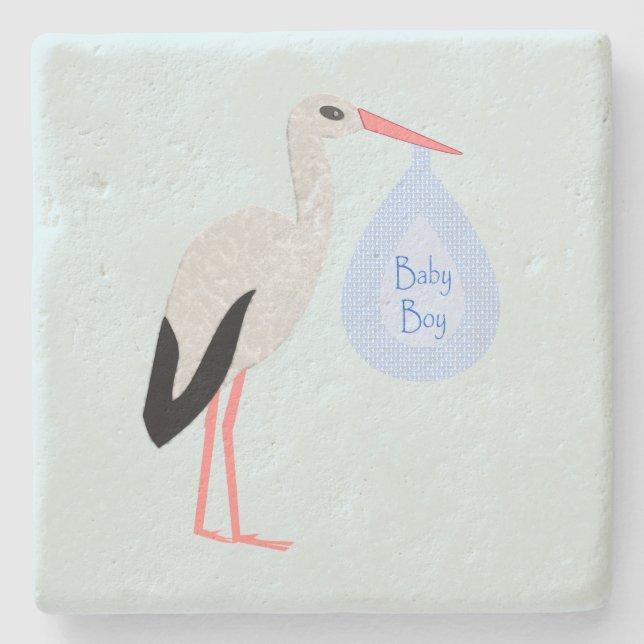 Posavasos De Piedra Cute Blue Baby Boy Stork (Anverso)