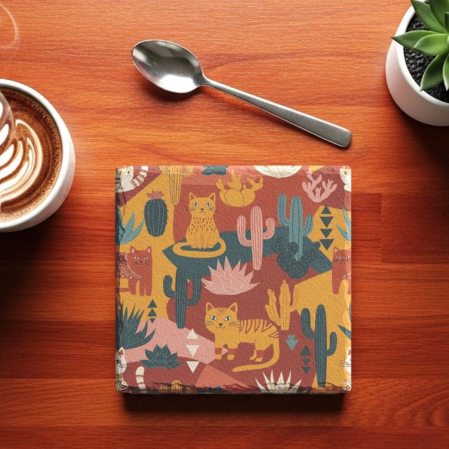 Posavasos De Piedra Cute Boho Desert Cats Cactus Succulent Pattern (Subido por el creador)